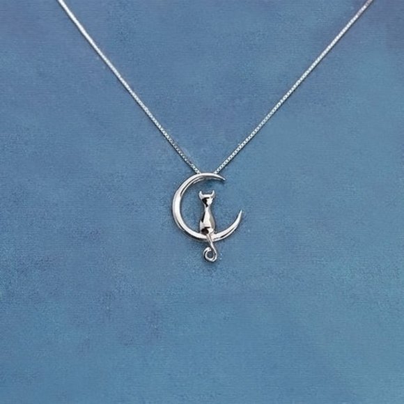 14k Gold Adorable Cat Moon Sterling Silver Necklace - Picture 8 of 16
